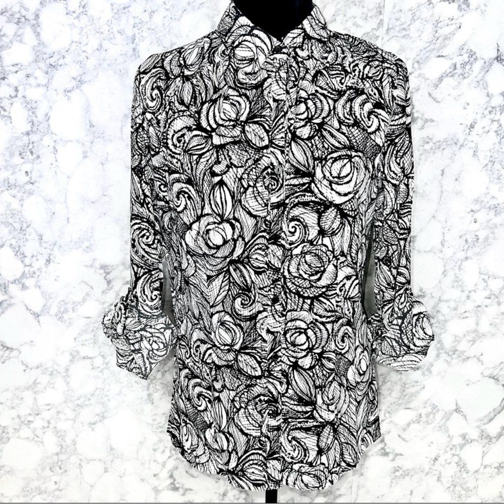 East 5th 90s Black White Floral Rose Button Up Blouse Women’s Medium - Picture 3 of 7